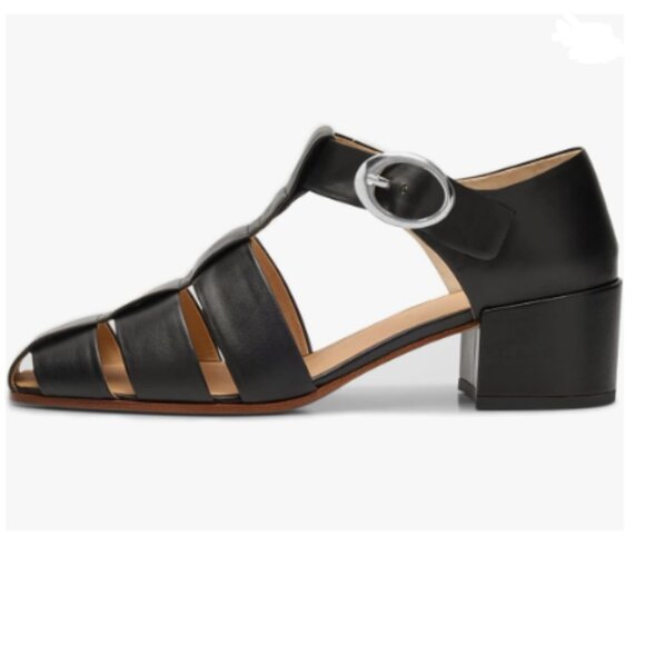 FSJ Black Closed Toe Low Chunky Heel Sandals Hollow Cage Roman Gladiator Shoes - Picture 1 of 8